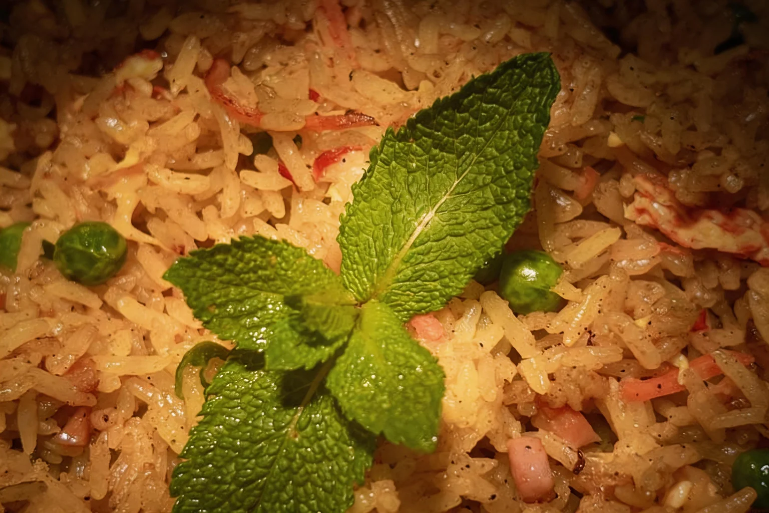 Curry rice with a mint leaf, close-up.