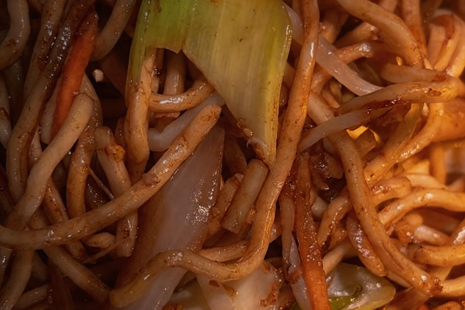 Plain stir-fried noodles, close-up, evening light.
