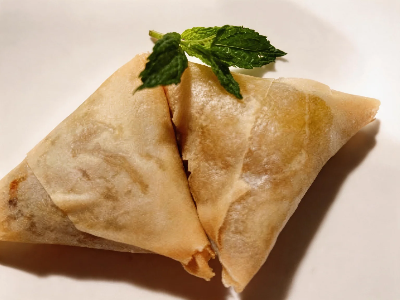 Beef samosa. On a white plate, with a mint leaf.
